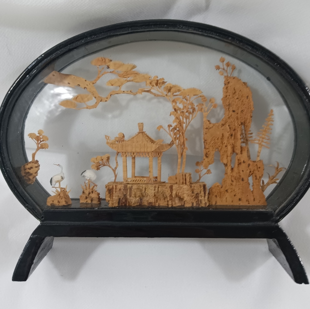 VTNG Oriental Hand Carved Cork Art Diorama Heron Trees Temple Cranes 8 X 6 Inch
